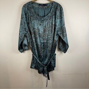 Eloquii The Limited Teal Black Tapestry Print Button Down Belted Top Size 14/16